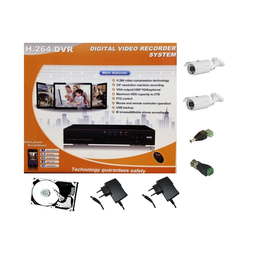 KIT VIDEOSORVEGLIANZA TVCC  SMARTPHONE CLOUD TABLET DVR 4CH CON HDD 2 TELECAMERE 800TVL E ACCESSORI