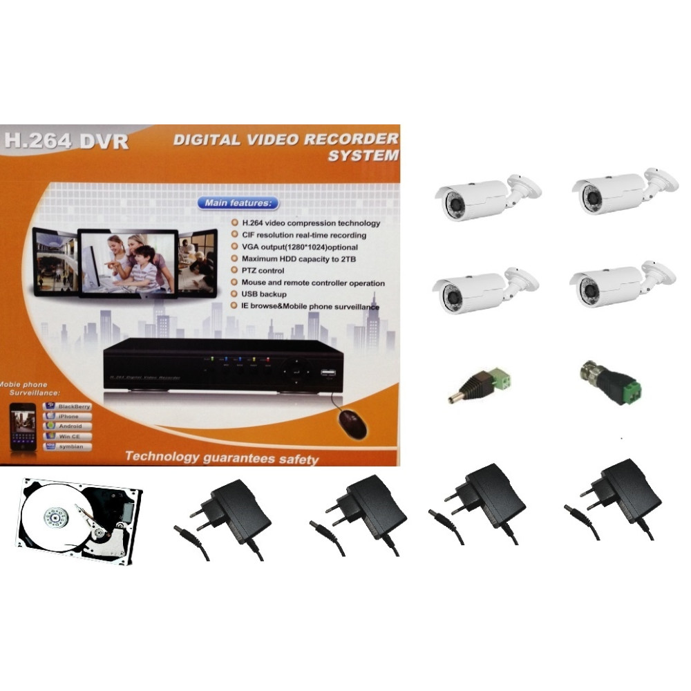 KIT VIDEOSORVEGLIANZA TVCC  SMARTPHONE CLOUD TABLET DVR 4CH CON HDD  4 TELECAMERE 800TVL E ACCESSORI